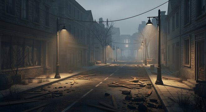 Eerie street scene with vintage lampposts casting a haunting glow, perfect for suspenseful storytelling or post-apocalyptic themes