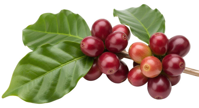 Isolated branch of fresh coffee beans, raw and ripe, on twig with green leaves, no background