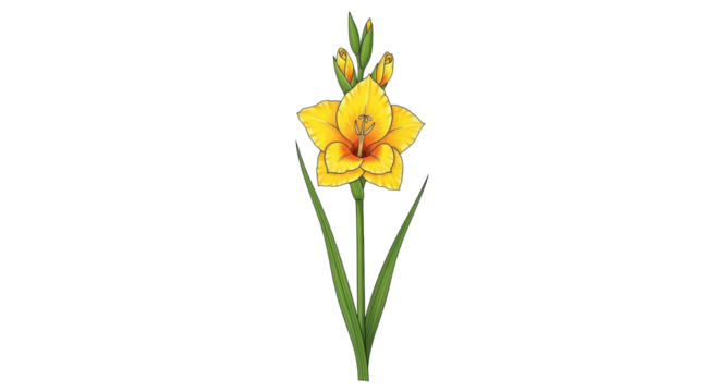 Isolated yellow Gladiolus flower blooms and buds, standing in an upright position on stem