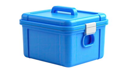 A closed blue plastic box with a handle and a white clasp against a black backdrop