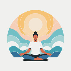 Peaceful vector illustration of a person meditating under a tree surrounded by soft circular