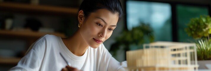 Asian female architect focused on model structure in modern workspace