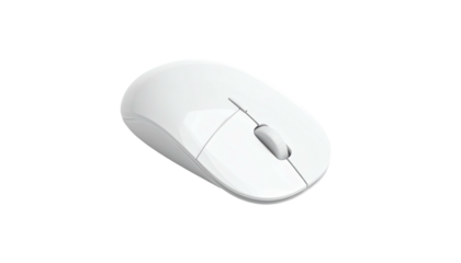 A white computer mouse angled on a black background, ready for use