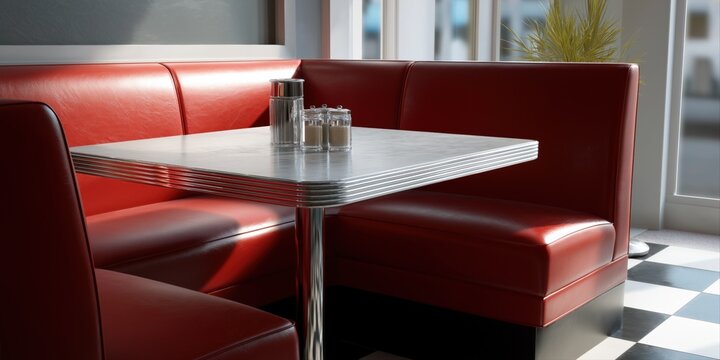 Retro american diner booth with red vinyl seats and chrome table