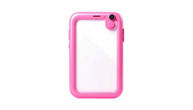 Pink, transparent smartphone case, buttons, camera, screen on a black background