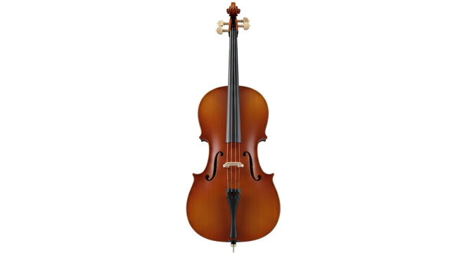 Isolated cello musical instrument in studio shot, brown wood tone and black strings for orchestra