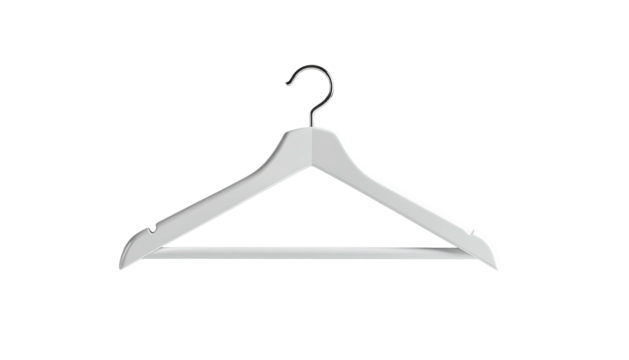 A plain white clothes hanger with a metallic hook against a black background