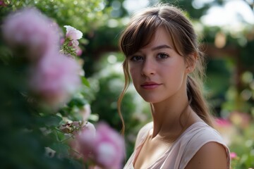 Young caucasian female in blooming garden surrounded by pink roses