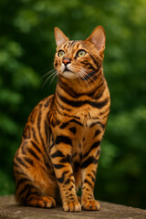 Capture the essence of feline elegance with this striking portrait of a Bengal Cat. Showcasing its distinctive rosette markings and captivating gaze, this image embodies the wild beauty ...