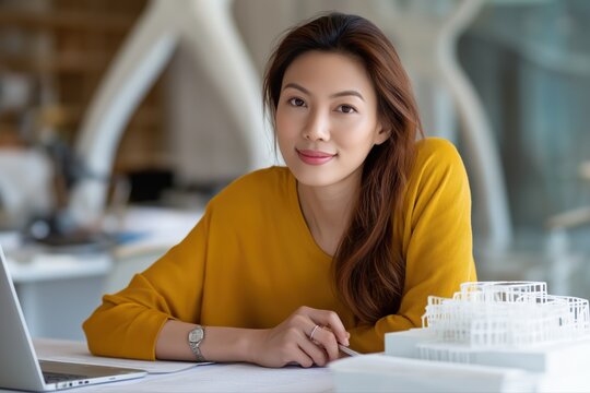Asian young female architect in yellow sweater at modern office