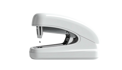A clean white stapler isolated on black, side view. Office supplies staple
