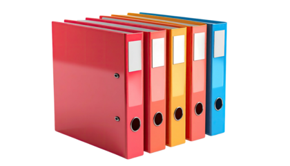 Row of colorful lever arch files, spines facing, with blank label sections