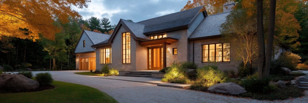 Modern suburban house with warm lighting in autumn forest