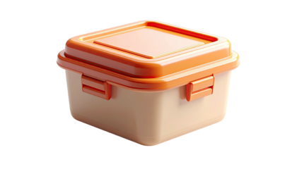 A 3D-rendered, close-up of a light-beige and orange square food container
