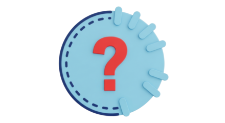 Isolated 3D rendered circular shape with a question mark in the center, blue and red icon