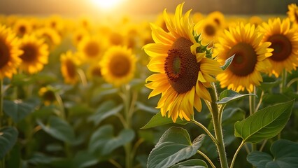 Obraz premium Vibrant Sunflowers Field at Golden Hour Sunrise