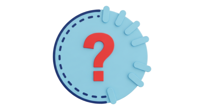 Isolated 3D rendered circular shape with a question mark in the center, blue and red icon