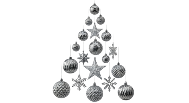 Isolated Christmas tree made of hanging ornaments, stars, and snowflakes for holiday season