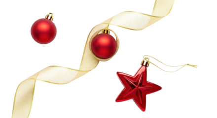 Isolated Christmas decoration set with ribbon, red baubles and a red star shaped ornament