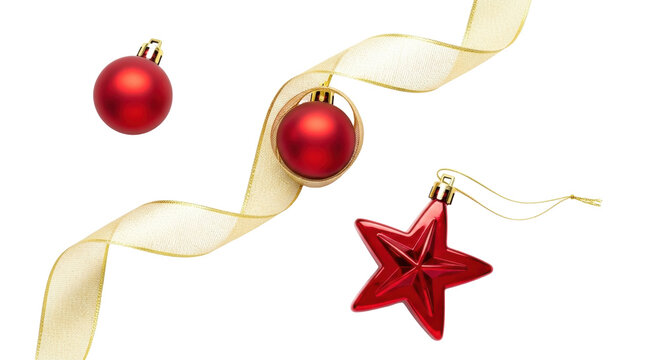 Isolated Christmas decoration set with ribbon, red baubles and a red star shaped ornament - Powered by Adobe