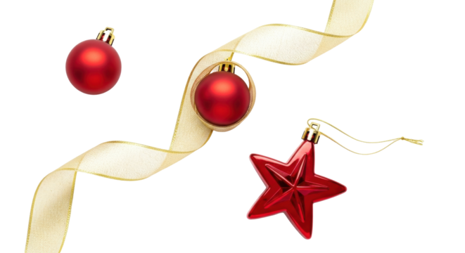 Isolated Christmas decoration set with ribbon, red baubles and a red star shaped ornament