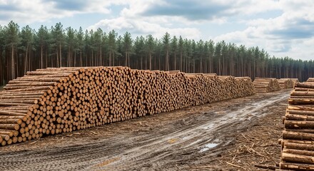 Stacked logs in a forest showing timber preparation for transportation during a cloudy day