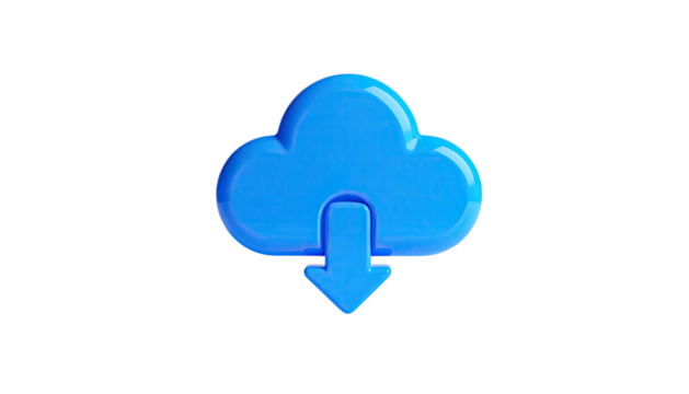Shiny, 3D rendering of a blue cloud with a downward arrow on a black backdrop
