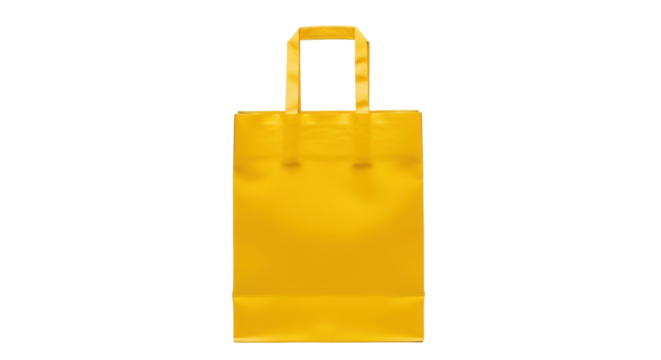 Isolated shiny gold shopping bag with square handles on a seamless backdrop for retail branding