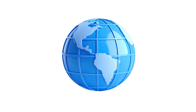 A 3D, stylized globe illustration, rendered in shades of blue, on a black backdrop