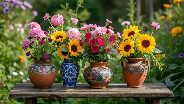 Vibrant Summer Flowers in Rustic Pottery Vases