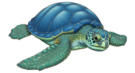 Fototapeta premium Isolated artistic sea turtle, illustration of marine animal swimming, turtle with patterned shell