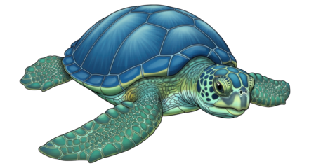 Isolated artistic sea turtle, illustration of marine animal swimming, turtle with patterned shell