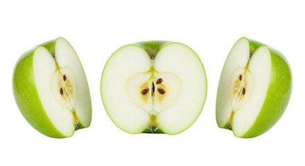 Isolated halves of green apples with seeds showing on cut surfaces on a seamless background