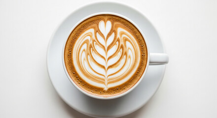 Overhead shot of a cappuccino with latte art isolated on white background, showcasing the intricate design and creamy texture of the coffee beverage