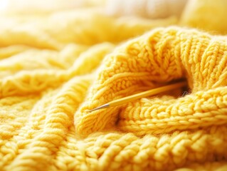 Closeup Knitted Yellow Wool Texture with Needle