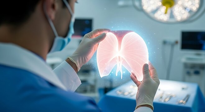 Surgeon in Operating Room Analyzing Holographic Lungs. Futuristic Medical Technology, Healthcare Innovation, and Virtual Reality in Modern Medicine. - Powered by Adobe