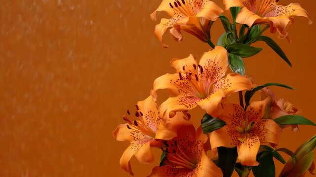 Close up of vibrant orange alstroemeria flowers against a warm orange background