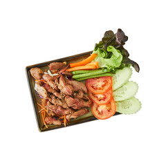 Thai Grilled Pork Salad Nam Tok Moo with Fresh Vegetables Isolated on White with Clipping Path