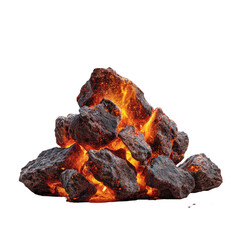 A captivating pile of intensely glowing, hot embers or volcanic rocks, radiating fiery heat against a stark transparent background. Ideal for dramatic effects. background removed