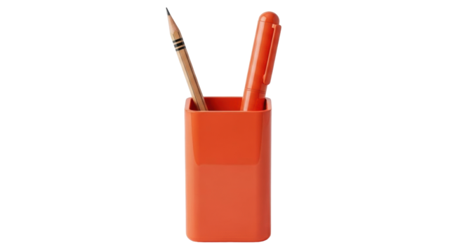 Isolated pen and pencil in orange holder on neutral background, office supplies & workplace - Powered by Adobe