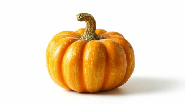 Vibrant orange pumpkin with natural speckled texture, photographed in studio style on white background. Concept of harvest and autumn
