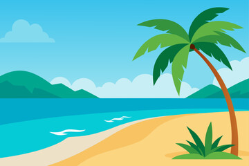 Obraz premium Beach scene with palm tree and ocean illustration