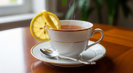A cup of hot tea with lemon on a wooden table, steam rising from the cup, with a spoon resting on the saucer, creating a cozy and inviting atmosphere