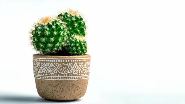Green cactus in a patterned ceramic pot placed on white background, natural lighting, concept of indoor gardening and home decor