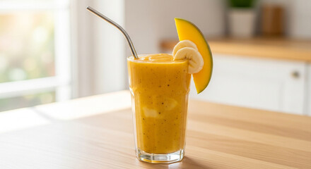A vibrant mango banana smoothie in a glass with a metal straw, adorned with a slice of mango and banana, placed on a wooden table in a sunlit kitchen