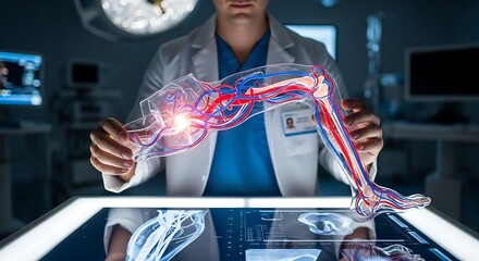 Medical expert analyzing a detailed anatomical model of a human leg with its vascular system, showcasing futuristic healthcare technology and orthopedic innovation.