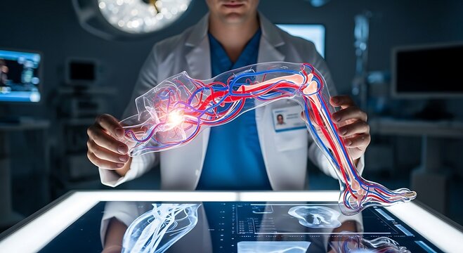 Medical expert analyzing a detailed anatomical model of a human leg with its vascular system, showcasing futuristic healthcare technology and orthopedic innovation.