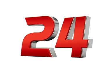 Obraz premium Metallic Red number 24 Twenty four with a glossy finish and reflective silver edges. 3d illustration
