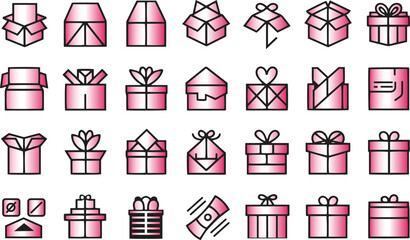 A grid of Various pink gift icons in various styles and shapes, including boxes and envelopes, each outlined in black, conveying themes of celebration.
