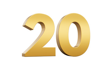 3D Golden number 20 Twenty with a shiny metallic finish and sharp edges, 3d illustration